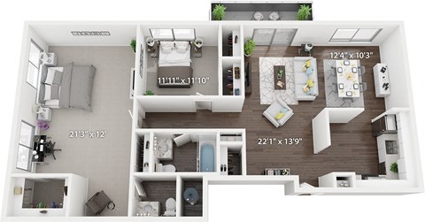 Floor plan for 2 beds, 2 baths, 1259 sqft